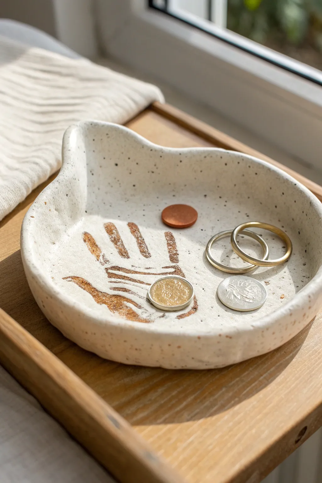 Handprint salt dough catchall tray with a tiny heart, perfect for Dads coins and ring.