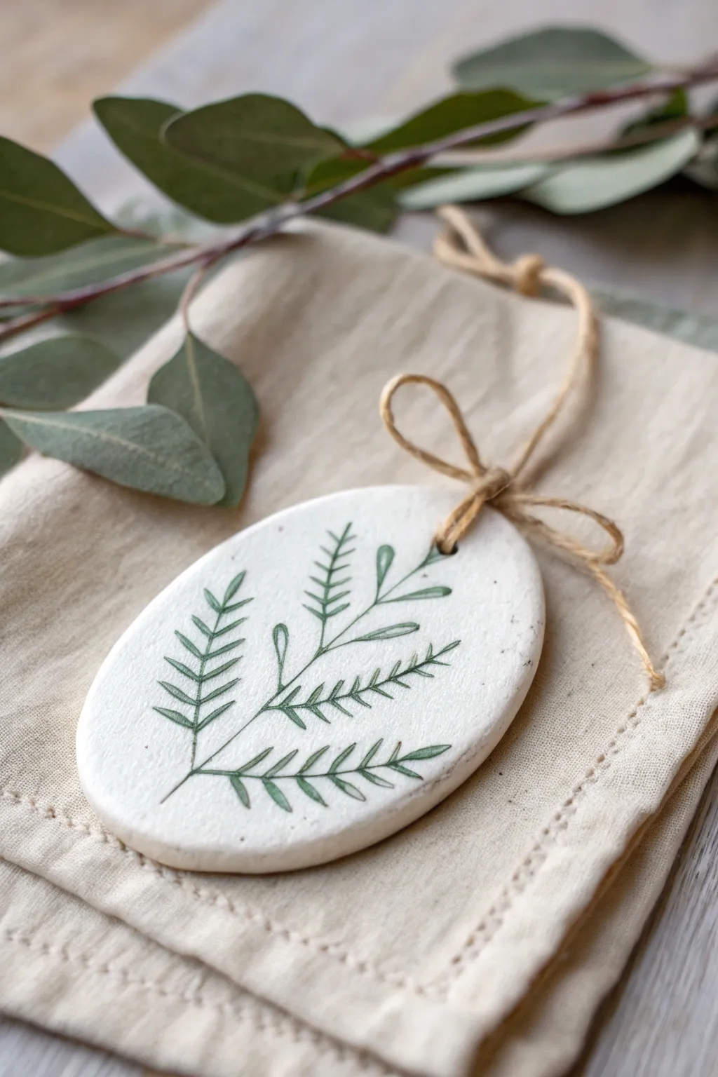 Botanical salt dough ornament with delicate leaf impressions in soft whites and sage green