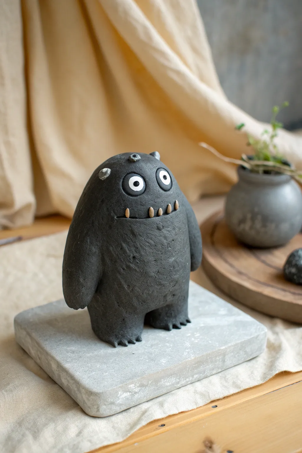 Many-eyed cave crawler: simple clay body, clustered bulging eyes, and a moody shadow glaze.