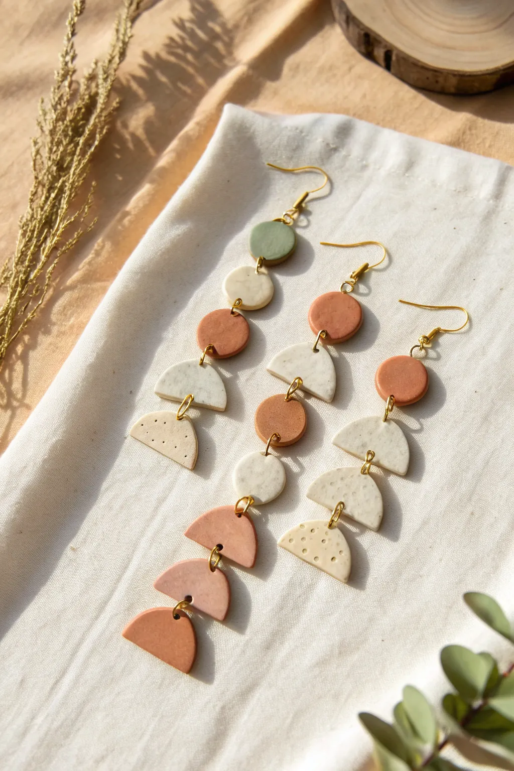 Minimal geometric Sculpey dangles in a modern palette, styled clean and boho-soft
