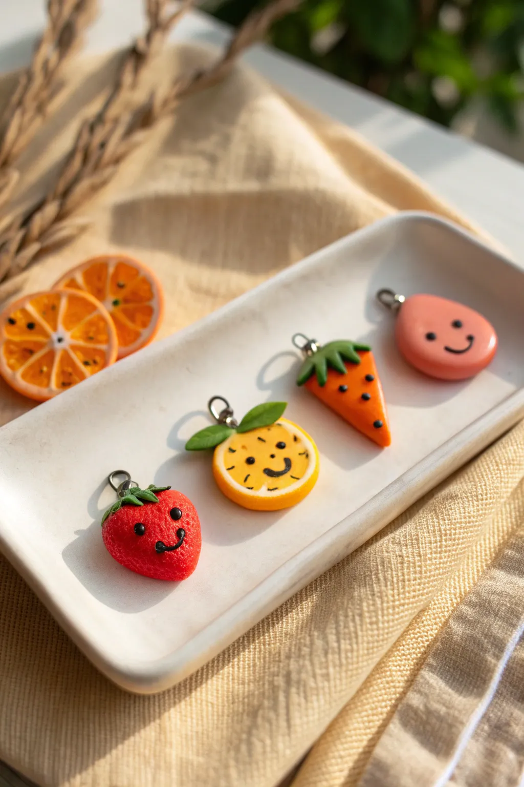 Beginner-friendly Sculpey smiley fruit charms in bright colors, styled in minimalist boho flatlay