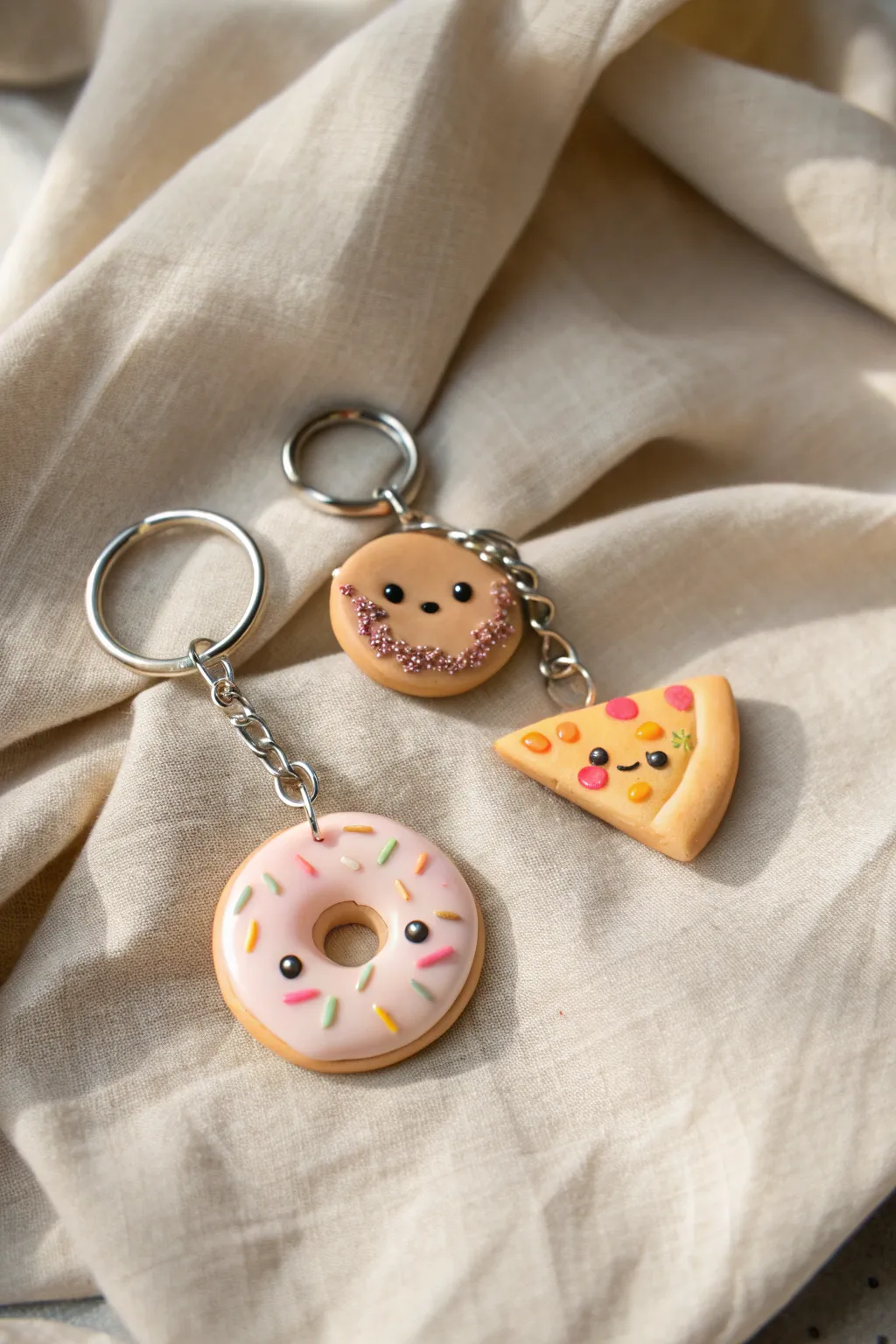 Mini Sculpey food charms with sweet faces, styled on a minimalist keyring in soft light.