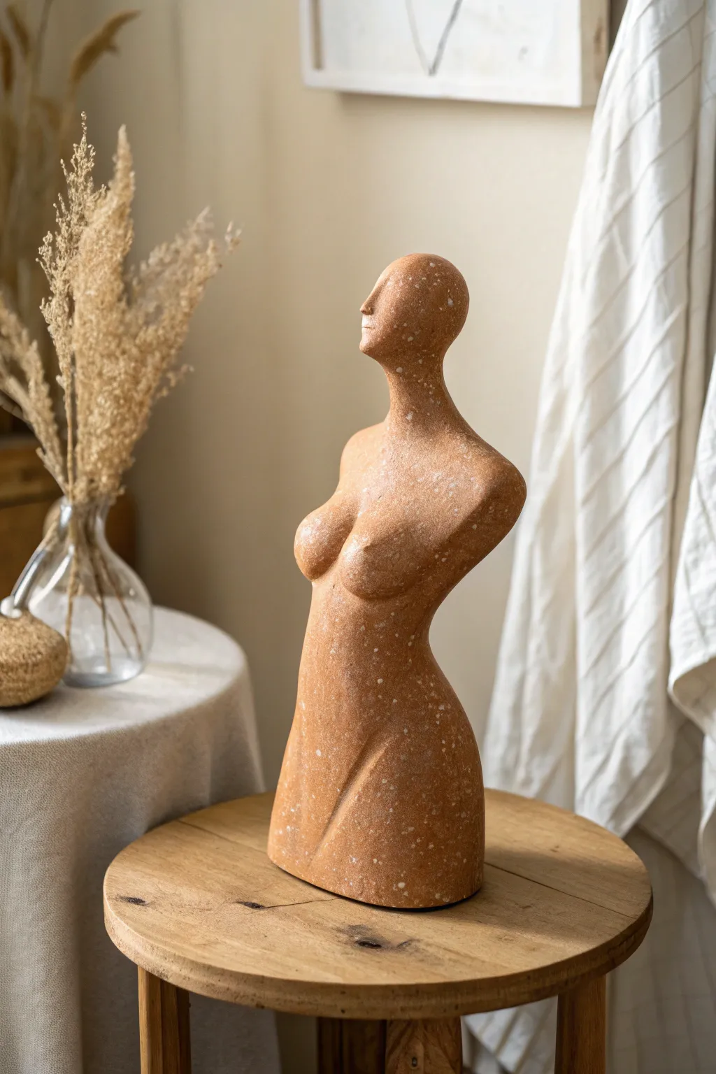 Modern abstract clay torso in warm terracotta, minimalist Scandinavian styling with soft light