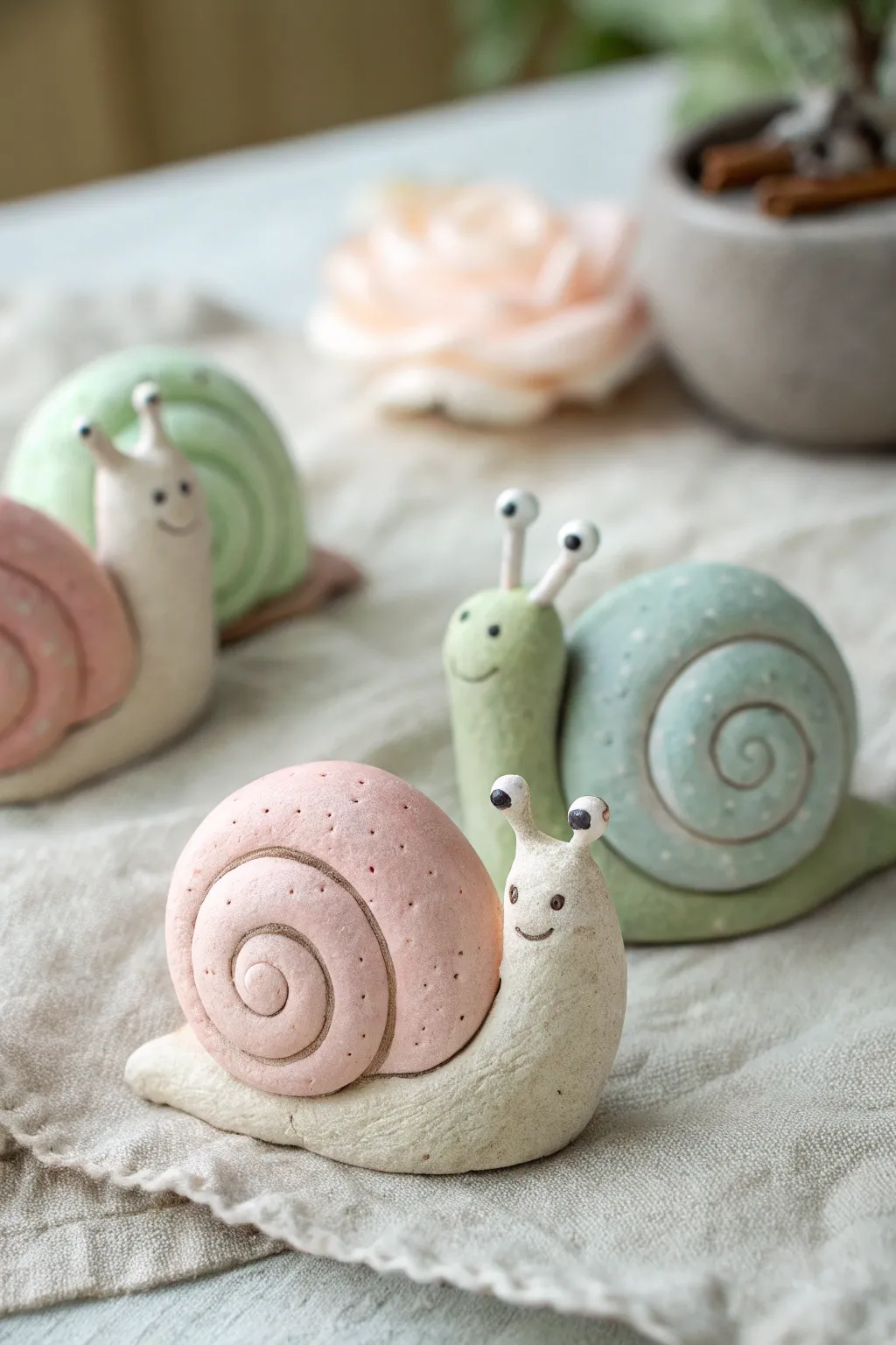 Tiny pastel clay snail buddies with simple spiral shells, minimalist boho styling and cozy contrast.