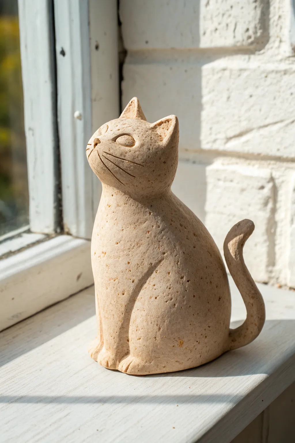 Coil-built sitting cat sculpture with subtle fur texture, minimalist boho clay inspiration