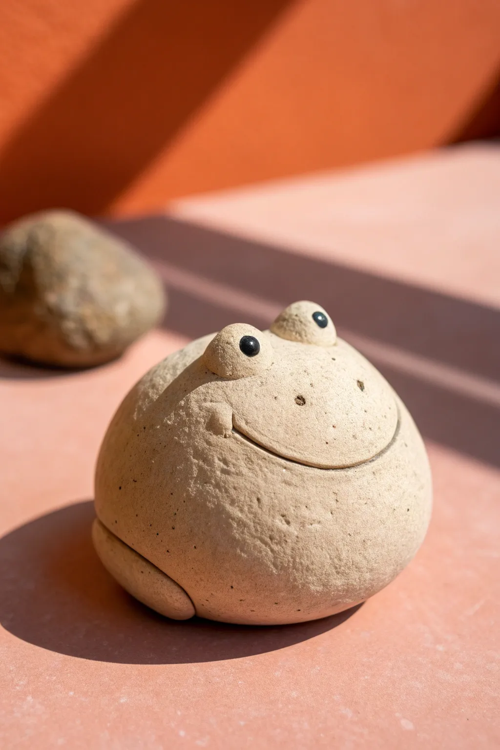 Simple dot-eye frog pebble sculpture in smooth matte clay on a bold, minimal backdrop.