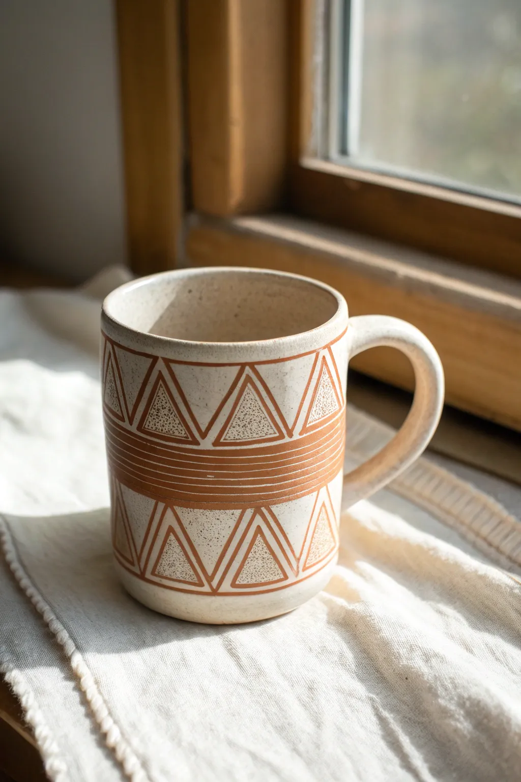 Minimal sgraffito triangle mug with crisp carved lines, warm clay contrast, and a calm matte backdrop