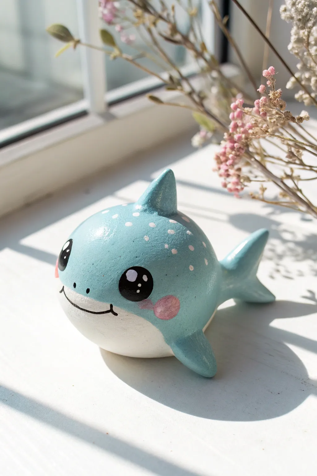 Soft pastel kawaii shark charm with rosy cheeks, minimalist styling for cute clay inspiration.