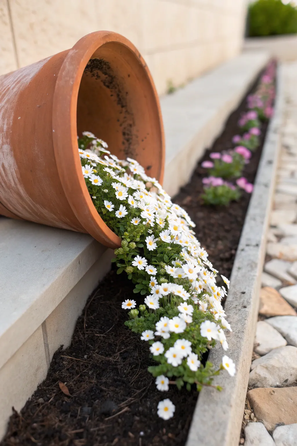 Sideways pot planter with cascading blooms forming a calm flower stream over dark mulch