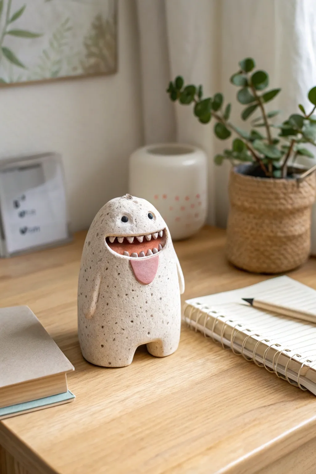Toothy grin clay desk buddy bringing playful charm to your minimalist workspace every day.