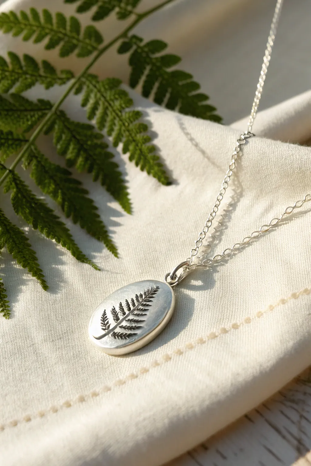 Delicate fern-imprint silver clay charm necklace with minimalist, botanical Scandinavian calm.