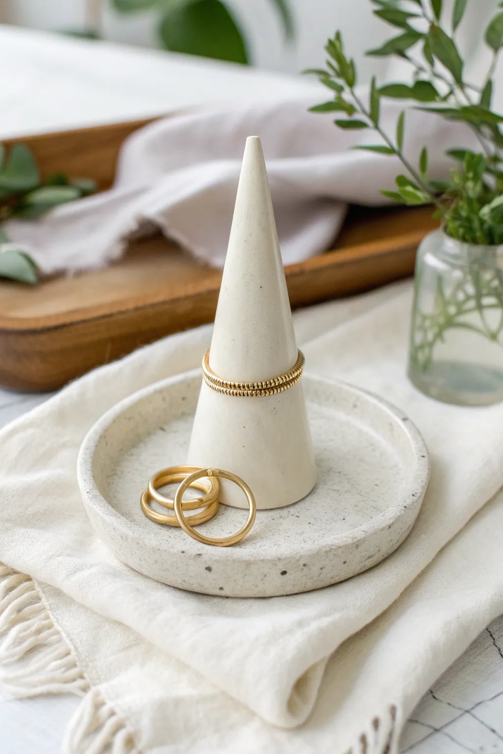 Minimal clay ring cone holder idea: matte, modern, and easy to style on your vanity.