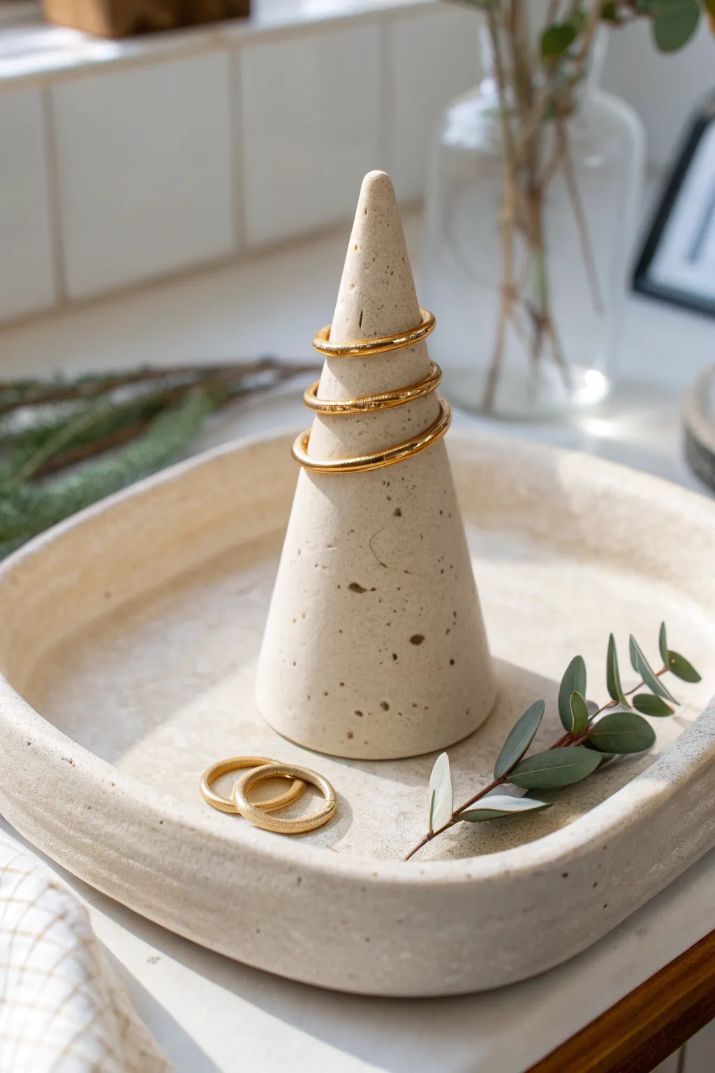 Minimal air dry clay ring cone holder in soft neutrals, perfect for calm Scandinavian decor.