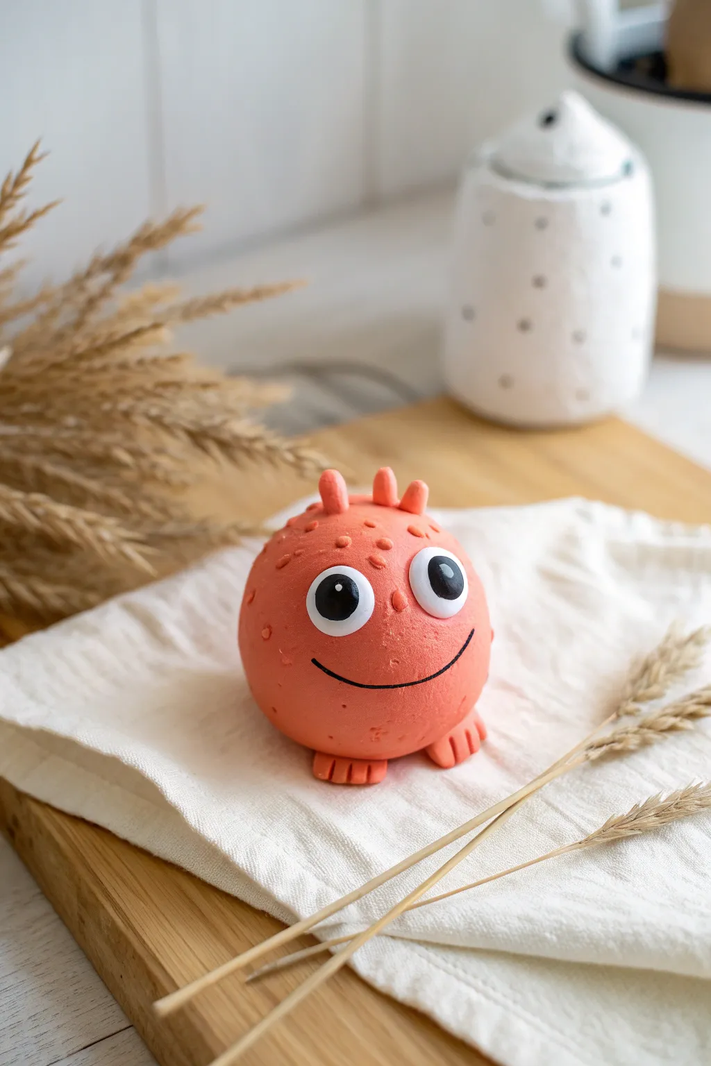 Bright googly-eyed clay critter for kids, a simple air-dry project in a cozy Scandi-boho setup.