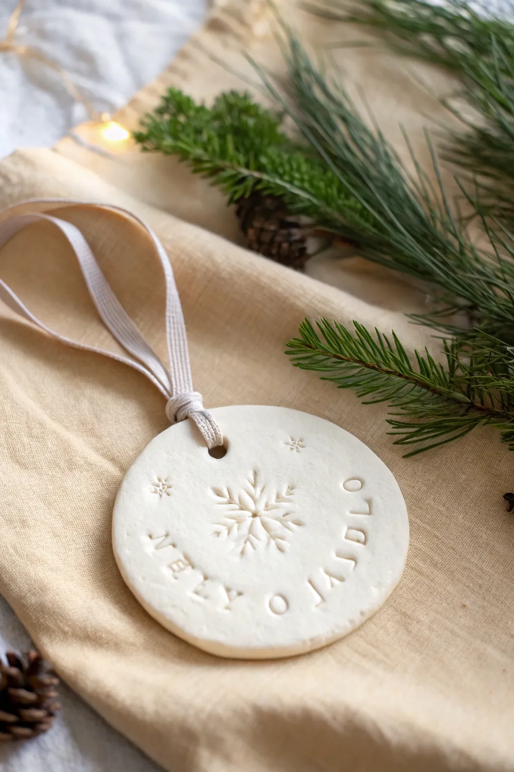 Minimal ivory clay name ornament with linen ribbon, a simple handmade Christmas keepsake