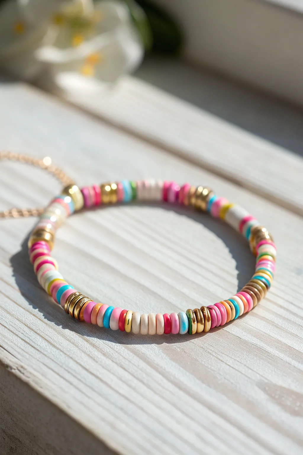 Confetti-mix heishi clay bead bracelet in bright random colors, styled minimal on a light table