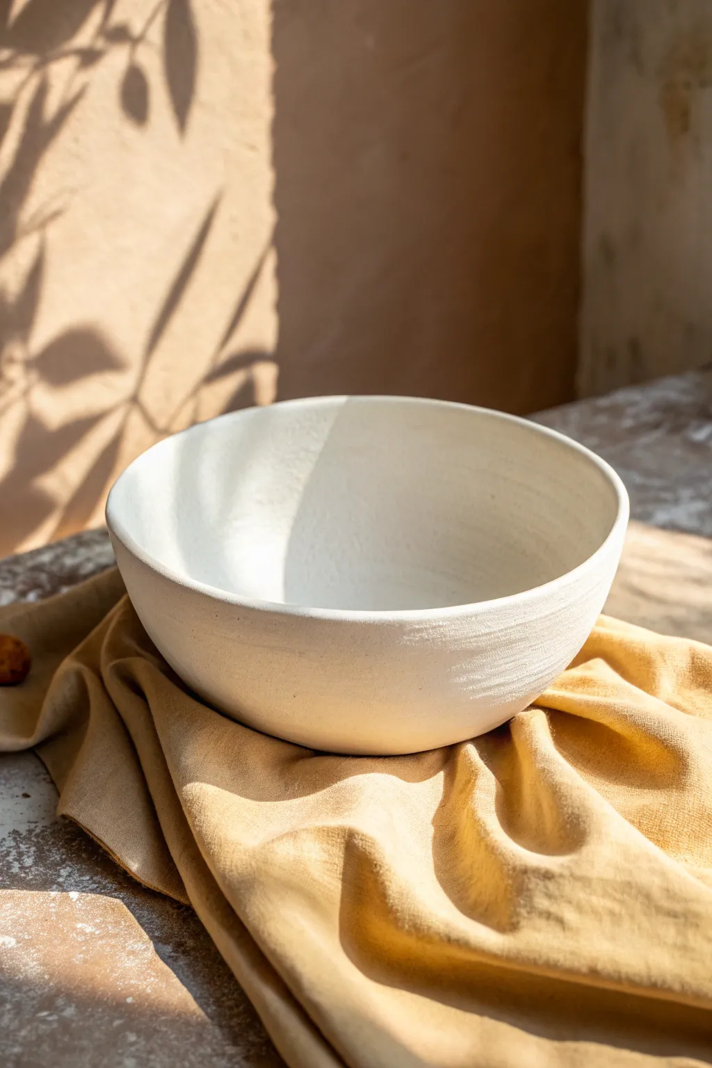 Simple matte white clay bowl made with a bowl-over-bowl mold, minimal and calming.