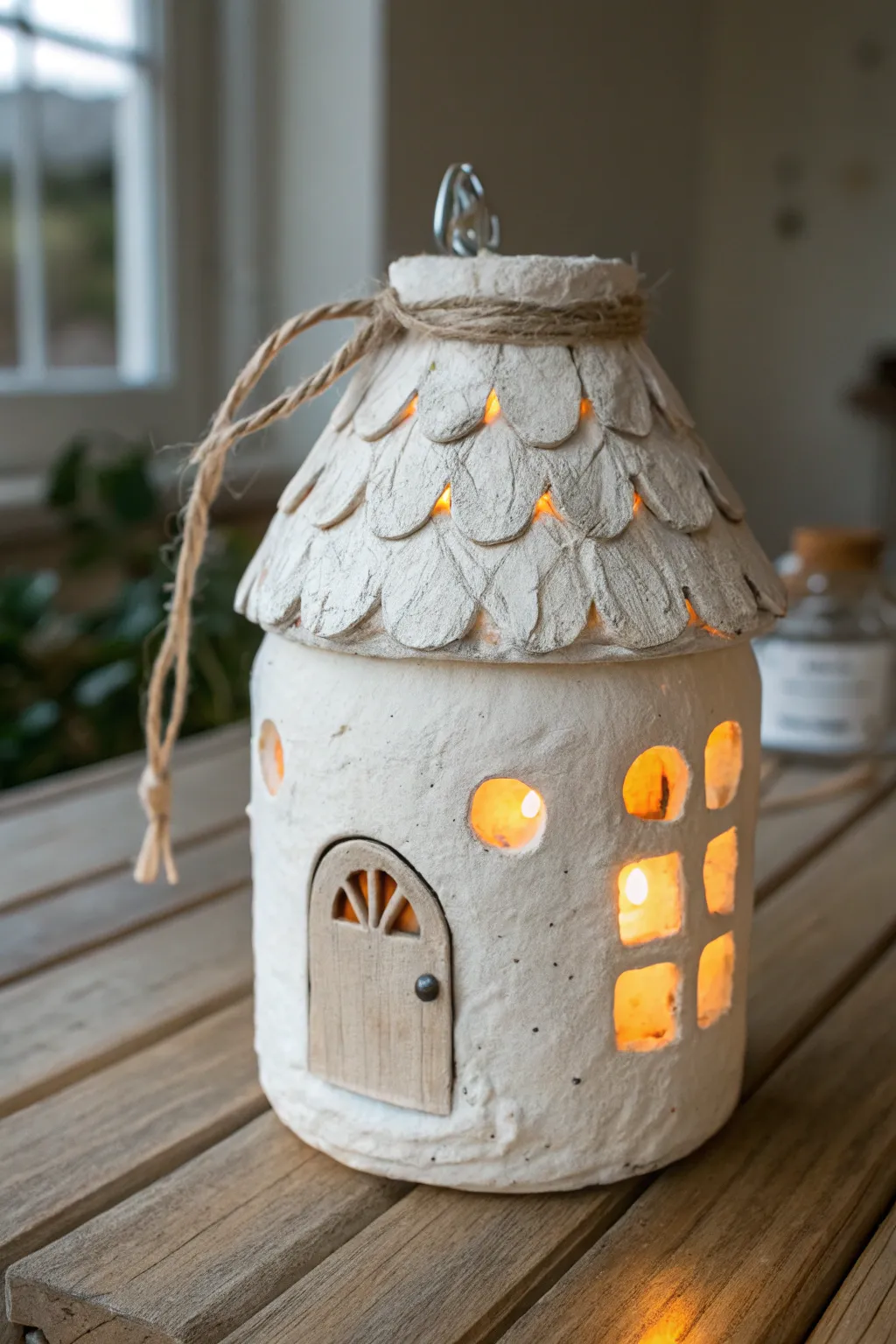 Cozy jar lantern fairy house with air-dry clay cottage walls and warm window glow.
