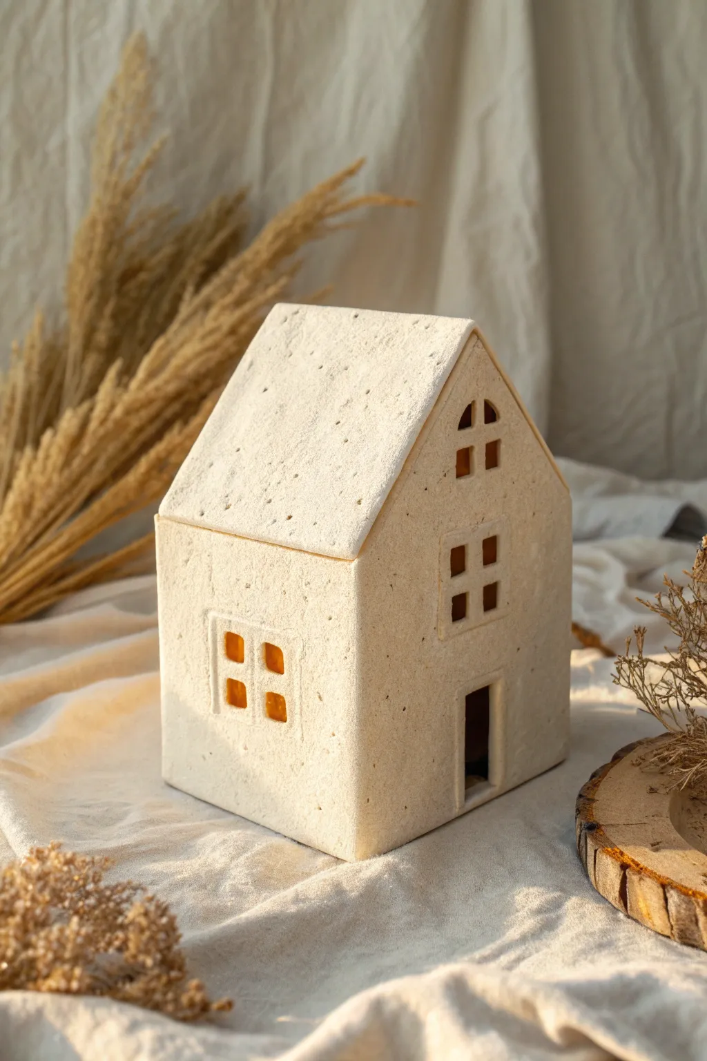 Simple slab-built clay box house with a triangle roof, minimal windows, and warm natural tones.