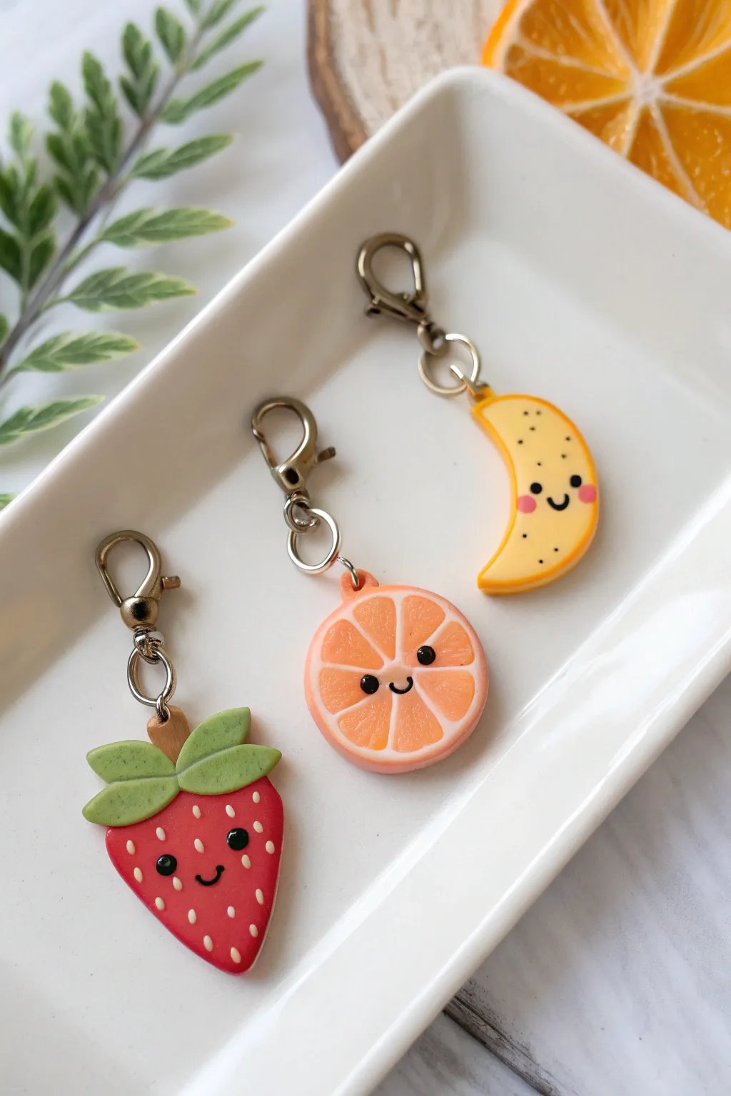 Three easy kawaii fruit charms with simple faces, styled in a clean minimalist look
