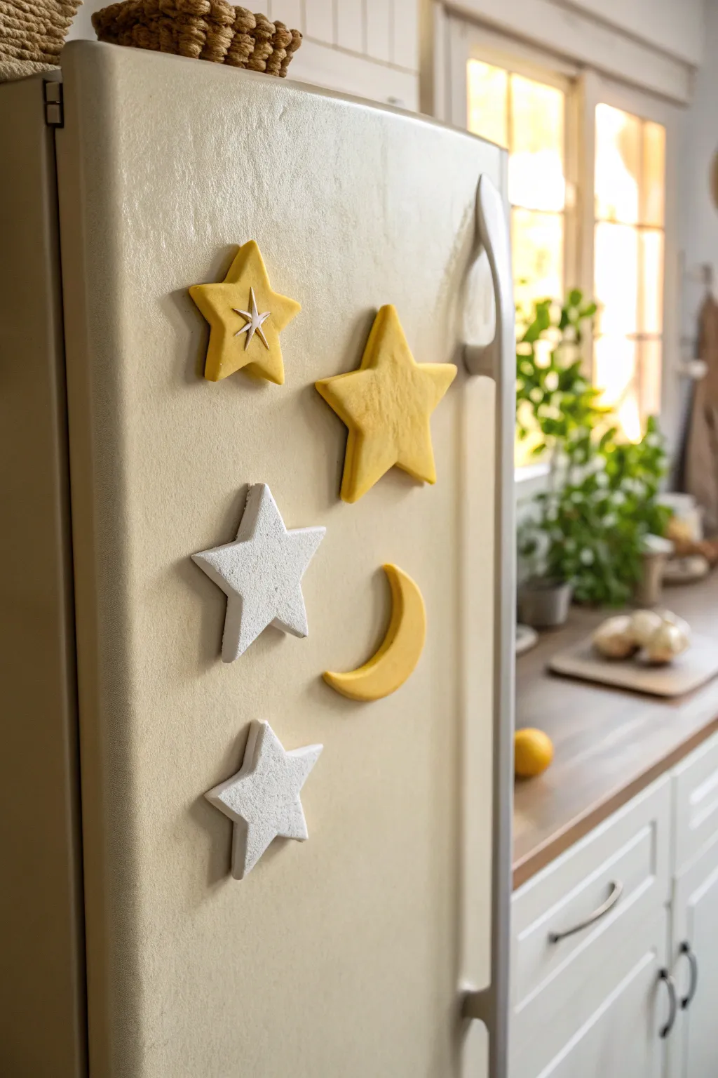 Sunny star and moon mini clay magnets in yellow and ivory for a clean, cozy fridge refresh