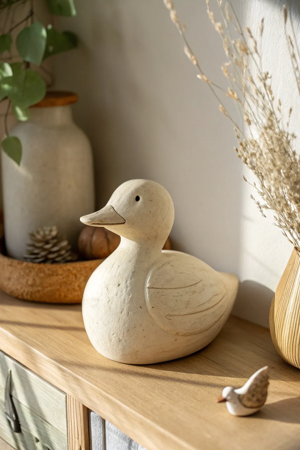 Chubby little clay duck, simple shapes and cozy studio light for an easy beginner sculpture