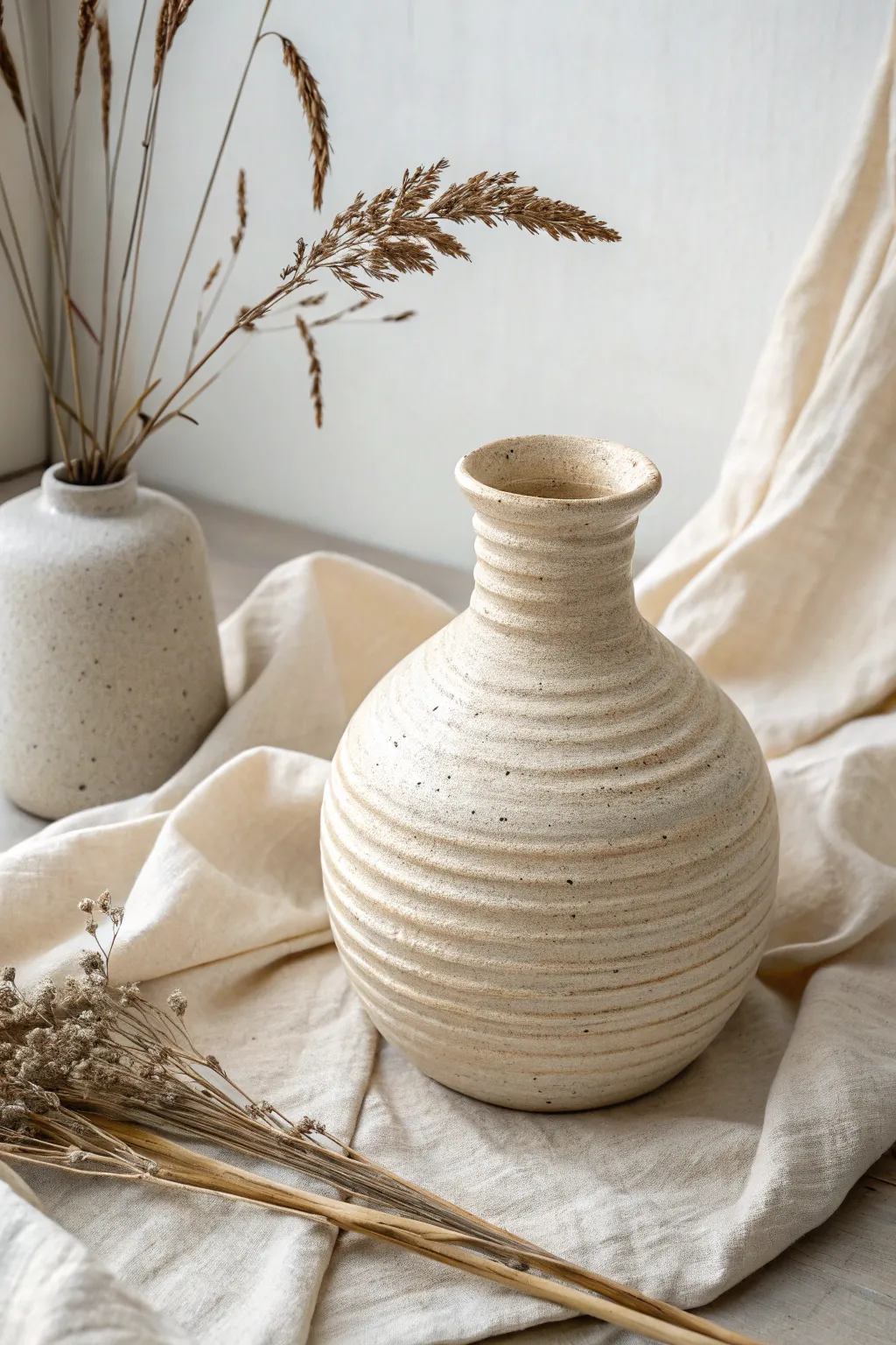 Classic coil-built vase with a soft rounded belly, styled simply with dried grasses on linen.