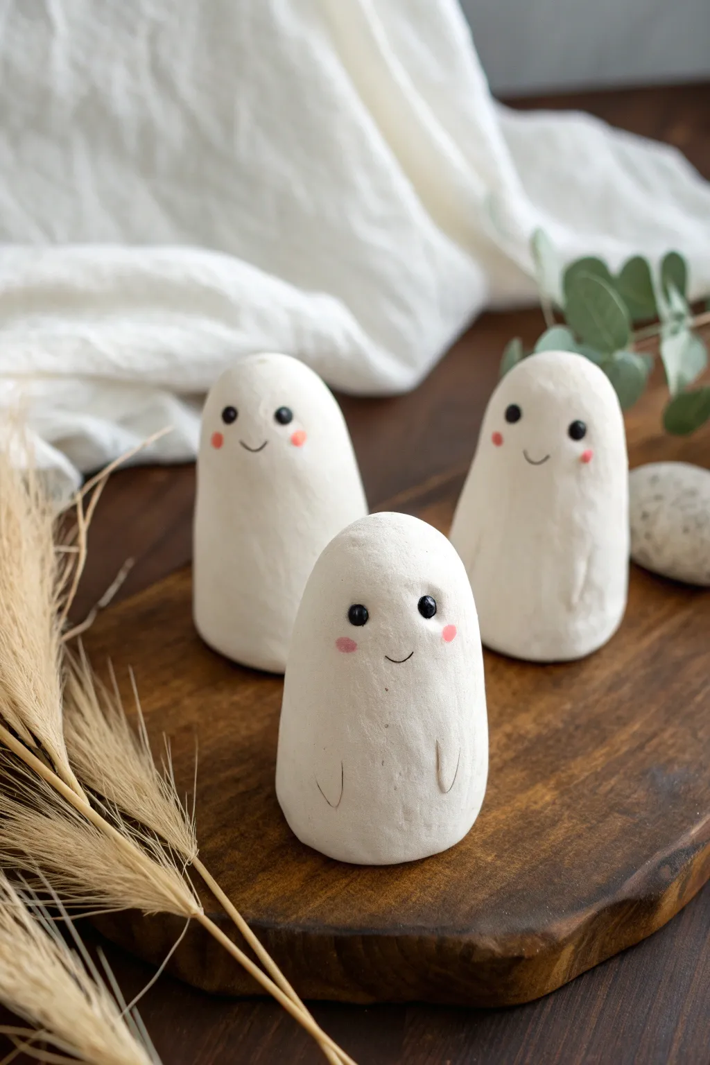 Chubby little ghost figurines in soft white clay, minimal and cozy for Halloween decor.