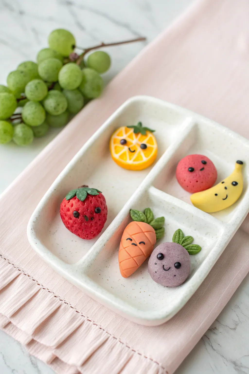 Kawaii clay fruit with tiny faces, neatly arranged on a bright backdrop for easy DIY inspiration.