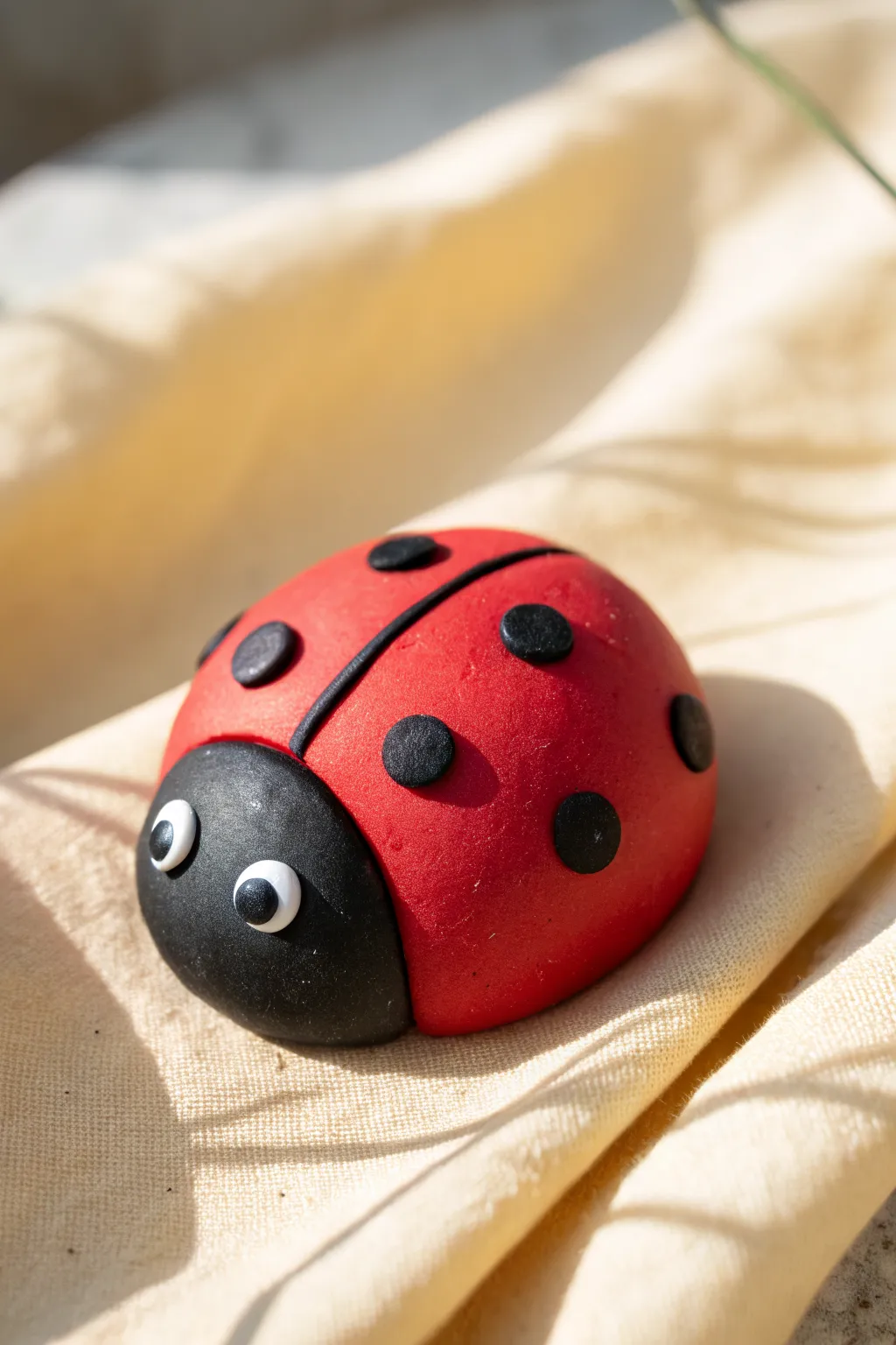 Cute chubby clay ladybug with bold red-and-black spots, a quick kid-friendly modeling idea.