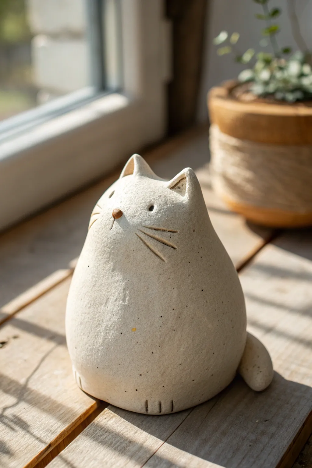 Chubby sitting clay cat figure with simple details and cozy minimalist Scandinavian styling