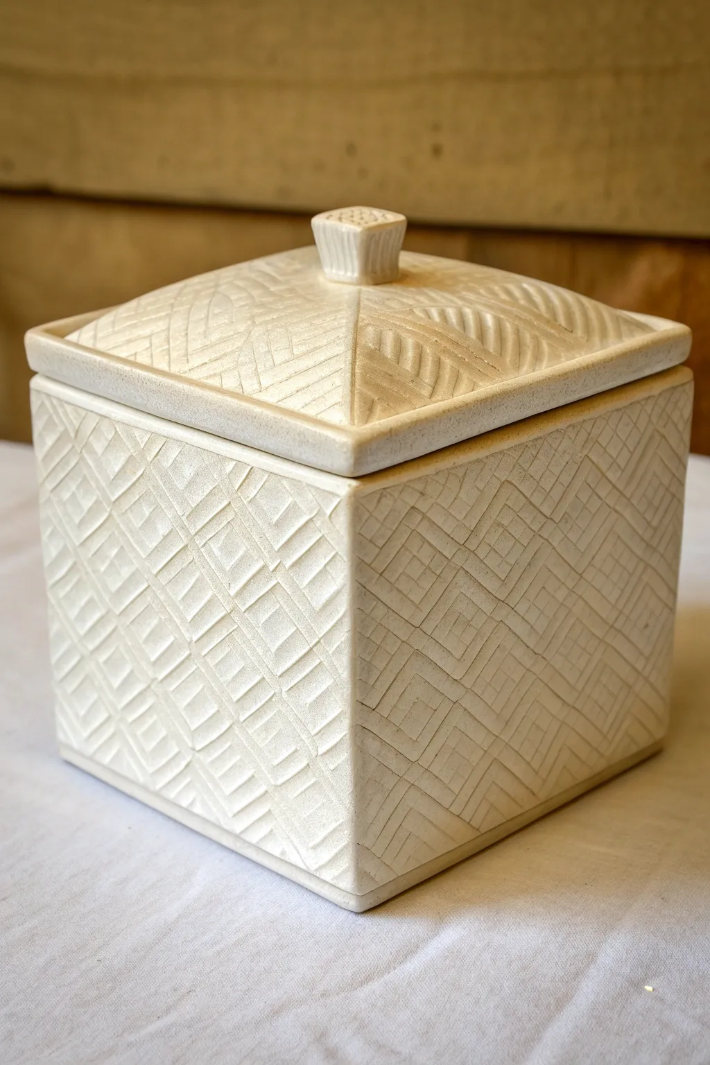 Crisp all-over textured slab box with a single glaze, simple Scandinavian-boho storage charm.