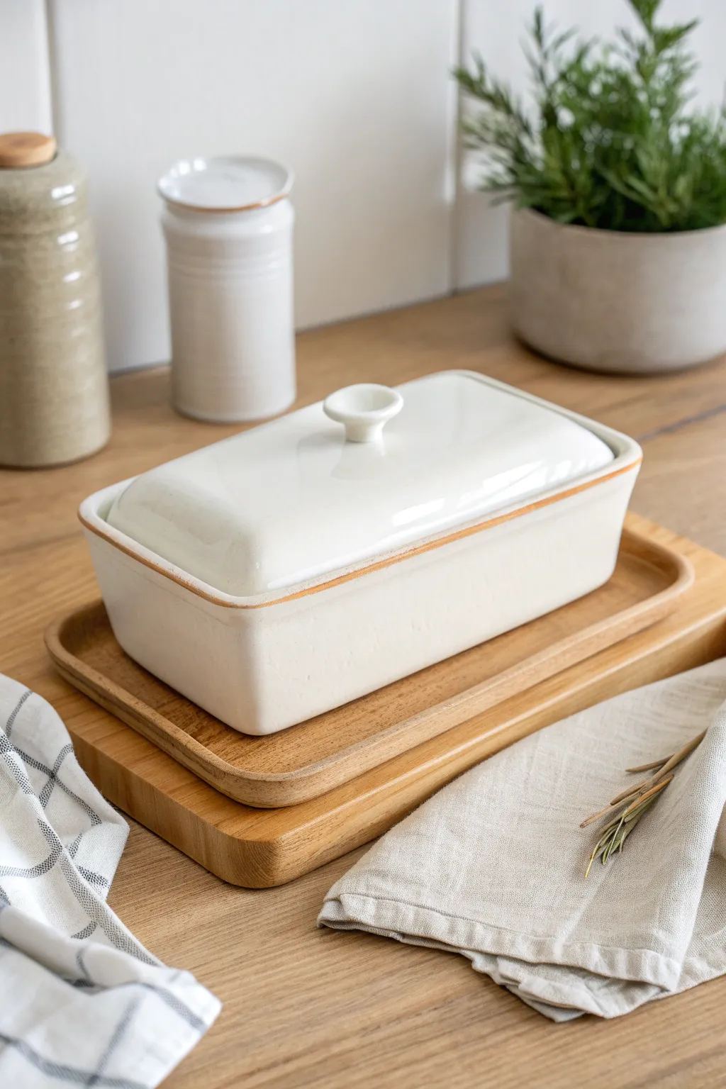 Rectangular butter-style slab box with a glossy lift-off lid, styled simply for cozy kitchens.