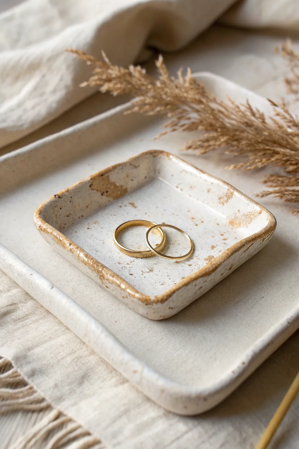 Minimal speckled slab jewelry tray with lifted corners, perfect for rings and earrings.