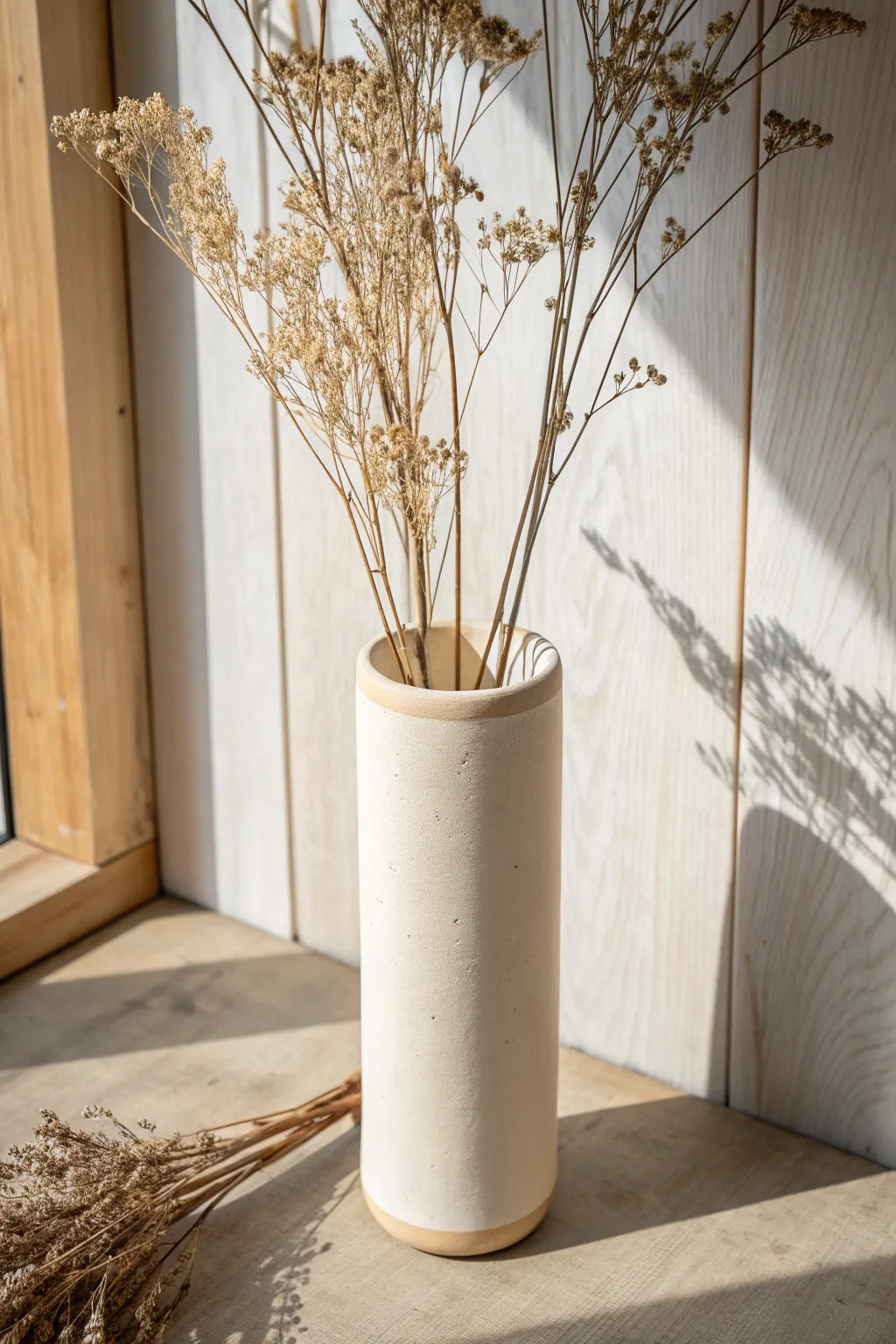 Straight-sided slab cylinder vase with a clean seam and dried stems in soft natural light.