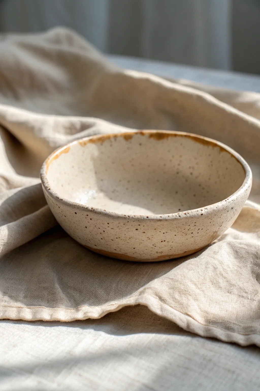 Soft-edged slab snack bowl with a pinched rim, styled simply on linen for cozy minimalism.