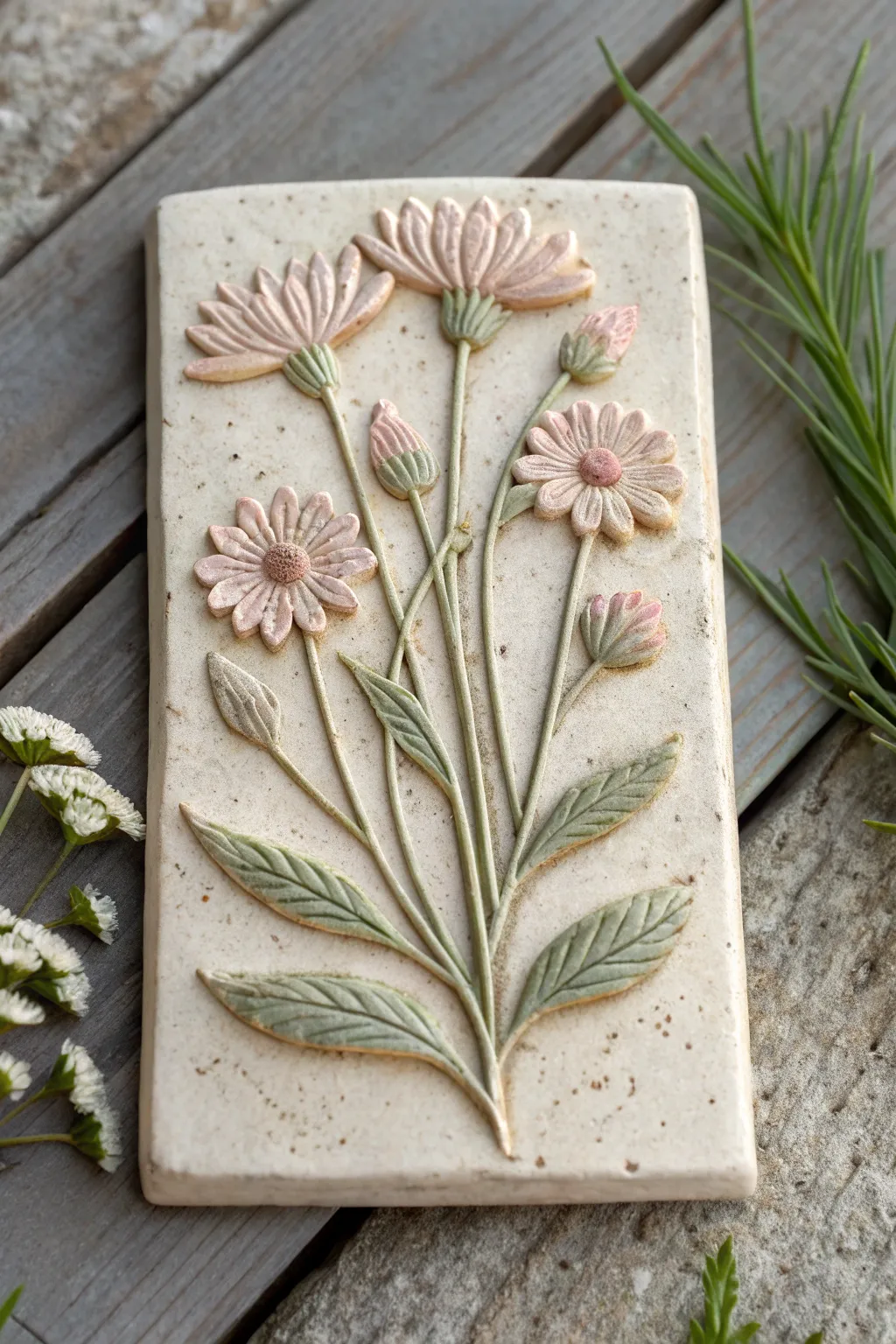 Layered wildflower slab relief tile with soft shadows and clean, minimalist boho charm