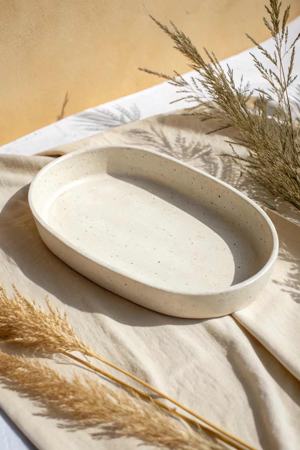 Simple oval slab tray with soft curves and a calm speckled matte finish, styled minimal