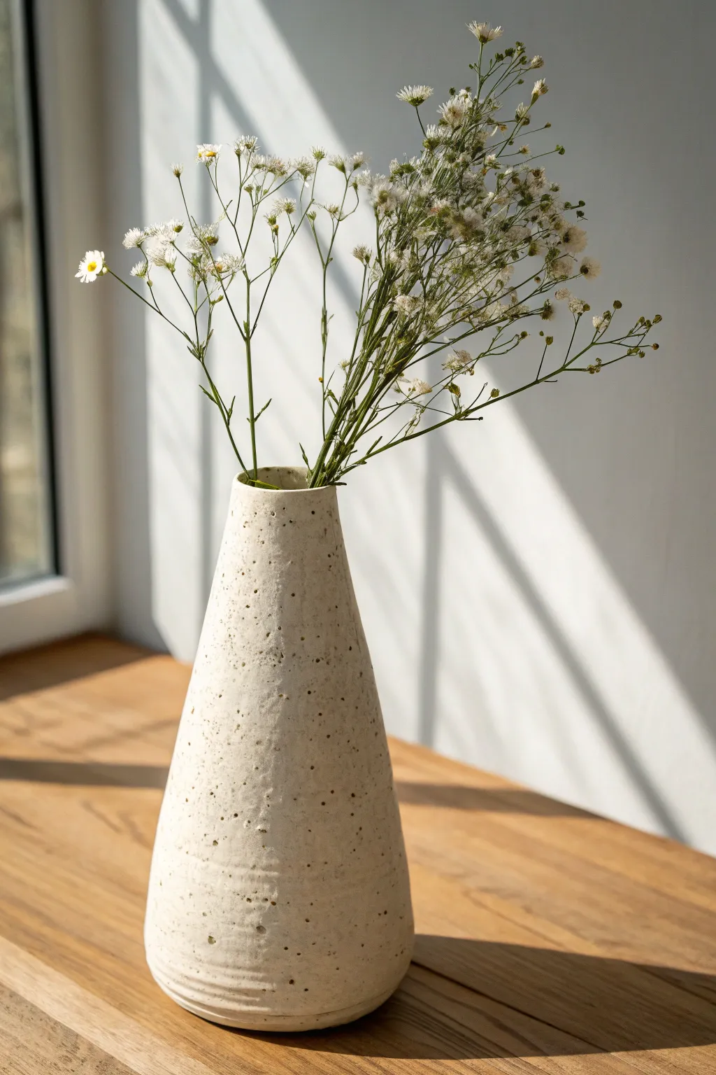 Easy tapered cone slab vase with a few single blooms for a clean, modern silhouette