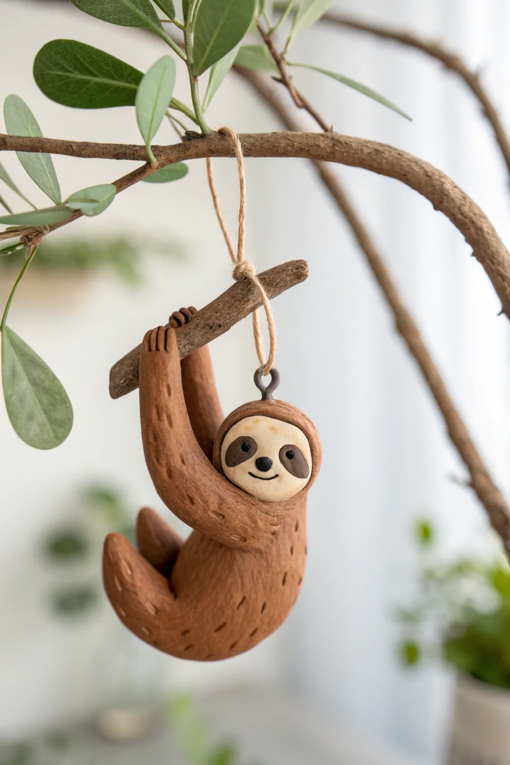 Sweet hanging sloth clay ornament on a tiny branch, warm earthy tones and minimalist charm