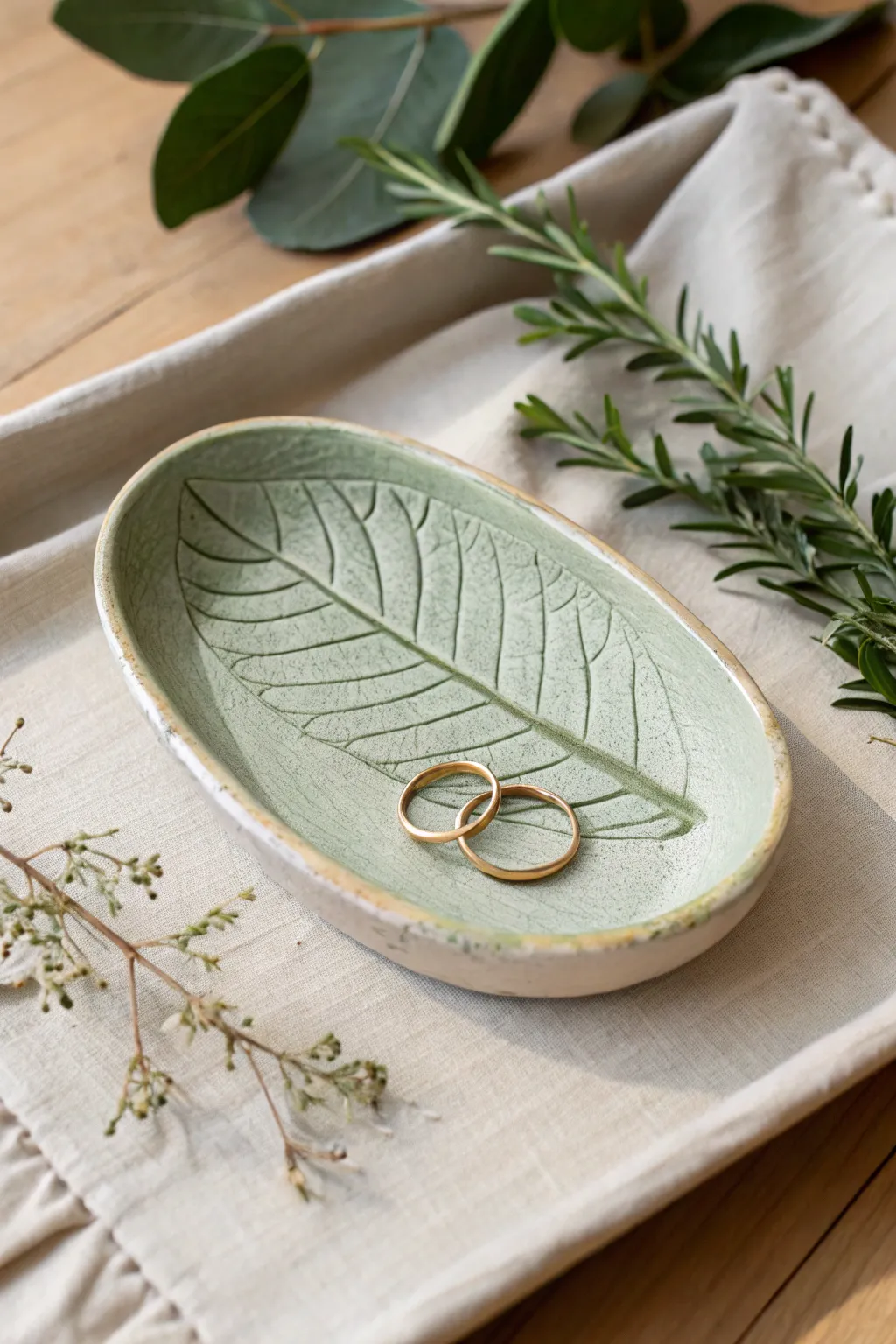 Leaf-imprint tiny clay tray with a painted edge, styled with rings and a touch of greenery