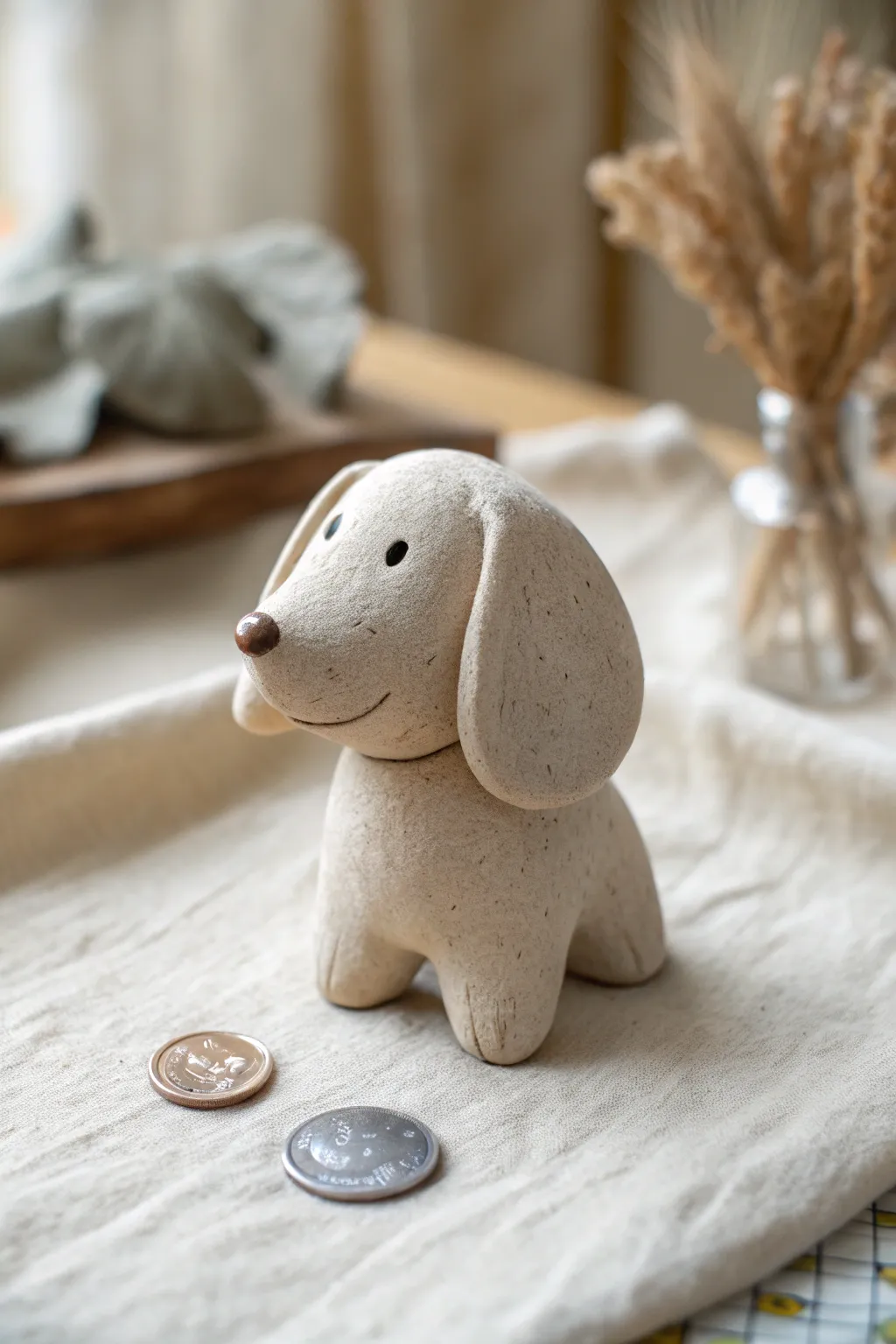 Mini clay puppy with floppy ears, sweet and simple, shown beside a coin for scale.
