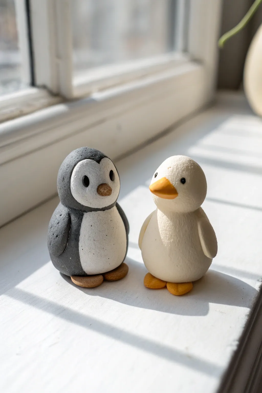 Mini clay penguin and duck duo, simple ball shapes styled in soft Scandinavian-boho minimalism.