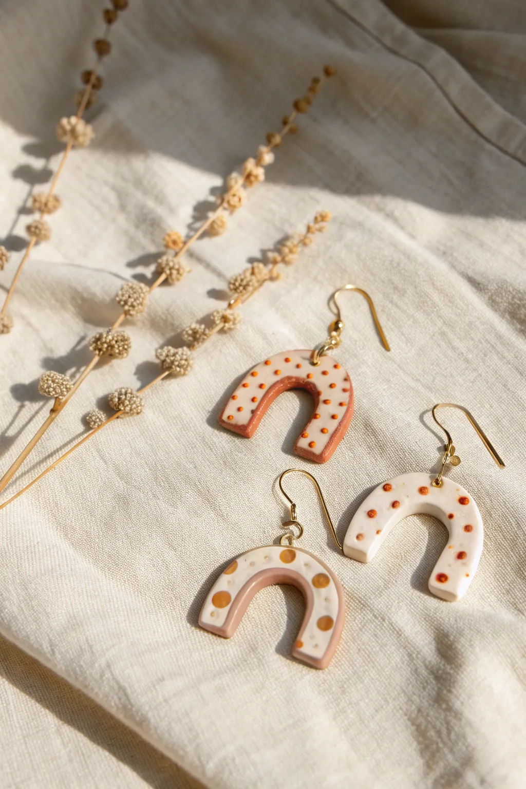 Simple mini clay earrings in dots, arches, and hoops, styled on linen for a calm modern look