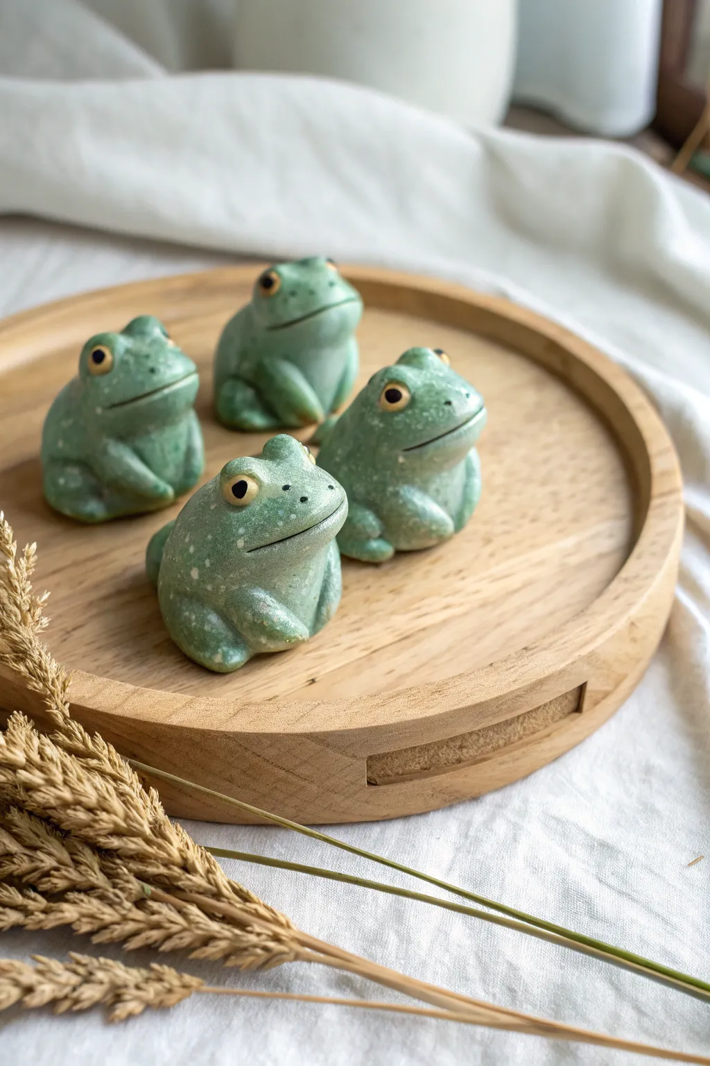Tiny chunky-cheek frogs in speckled soft greens, a sweet minimalist clay figure idea to copy
