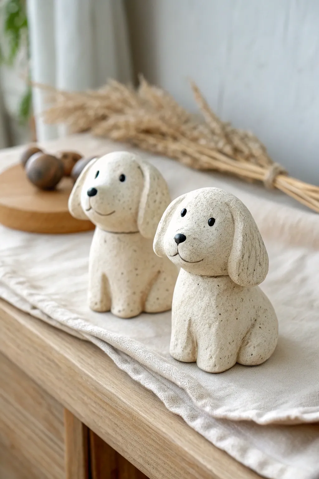 Chunky puppy pals: simple clay figurines with floppy ears, cozy shelf styling, minimalist charm