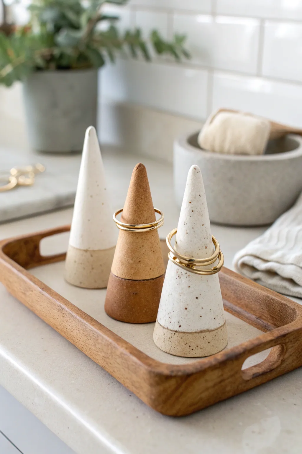 Minimal clay ring cones that keep your everyday rings safe and stylish by the sink