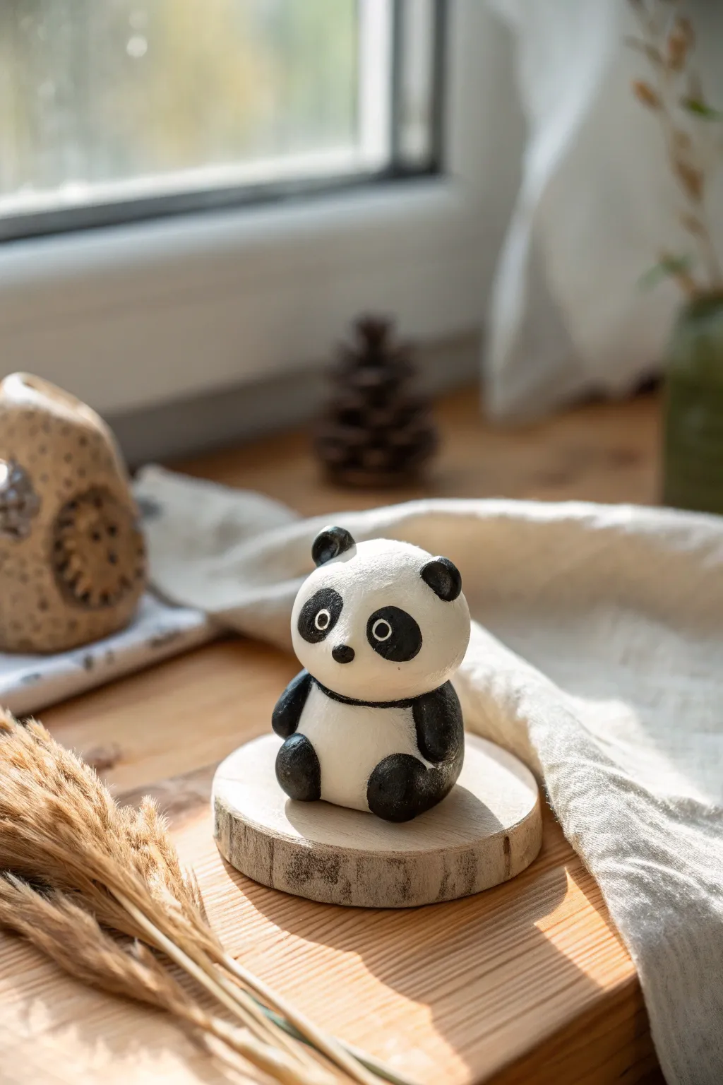 Easy tiny clay animals: a simple panda in focus with a cat and turtle softly behind.