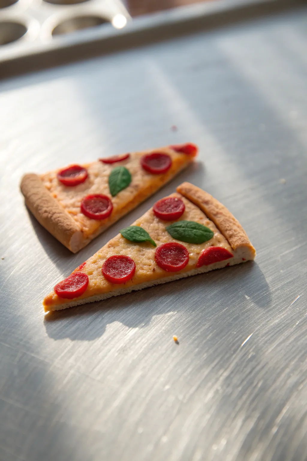 Tiny clay pizza slice magnets with melty texture, bold toppings, and minimalist cozy vibes
