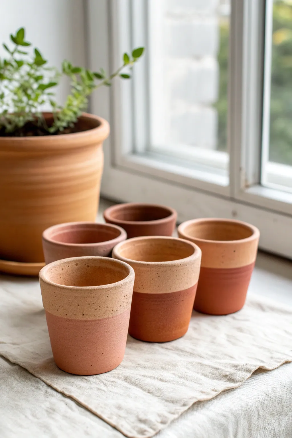 Ombre mini clay pots in a soft neutral gradient, perfect for tiny plants and desk styling.